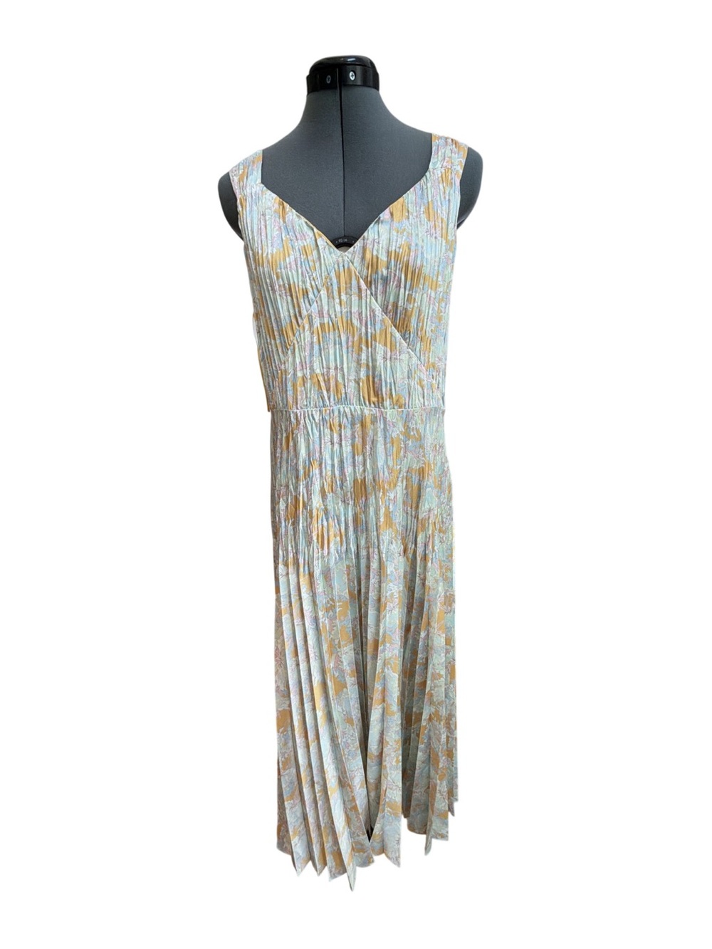 Vince Pale Blue & Mustard Pleated Midi Dress
